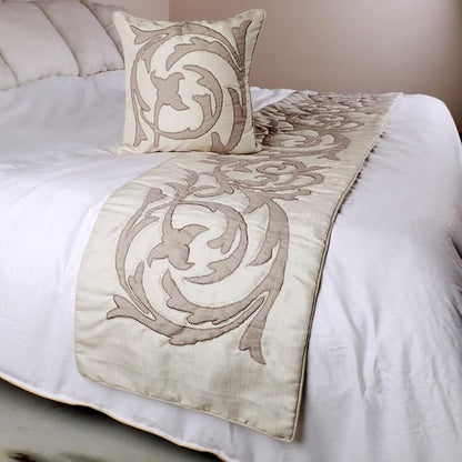 The HomeCentric Designer Ivory & Beige Full 68 x 18 inch Bed Runner Without Pillow Cover, Linen Lurex Applique Bed Scarf, Abstract Modern - Pretty Dainty