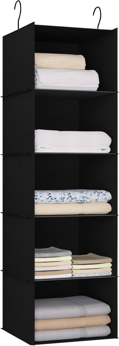 Hanging Closet Organizer and Storage 5-Shelf, Easy Mount Foldable Hanging Closet Wardrobe Shelves, Clothes Handbag Shoes Accessories Storage, Washable Oxford Cloth Fabric, Black