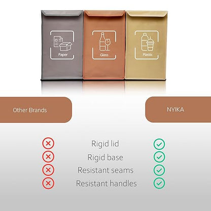 NYIKA - Recycling Organizer - Reusable Recycling Bags - Recycling Sorter - Trash Sorting Bins - 3 Compartment Recycle - Pack of 3 Bags with Lid