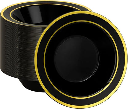 100 Pack Black Disposable Bowls with Gold Rim, 12oz Black Plastic Soup Bowls for Party, Wedding, Holiday,And Halloween