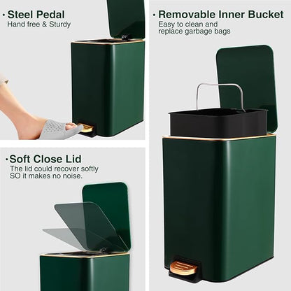 Small Bathroom Trash Can with Lid Soft Close, 1.8 Gallon Stainless Steel Garbage Can with Removable Inner Bucket,3PCS Soap Dispenser,75Count Trash Bag, Slim Step Pedal Trash Bins