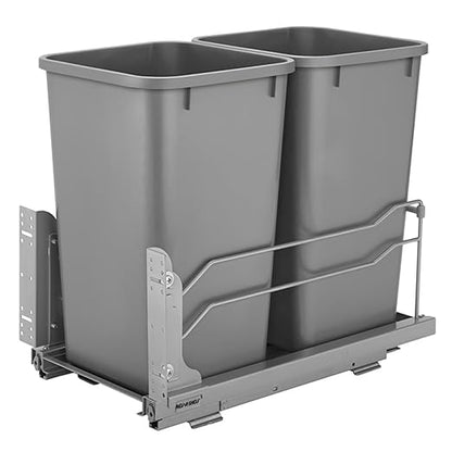 Rev-A-Shelf Double Pullout Trash Can for Base Kitchen Cabinets 27 Quart 12.5 Gallon with Soft-Close Slides, Metallic Silver, 53WC-1527SCDM-217