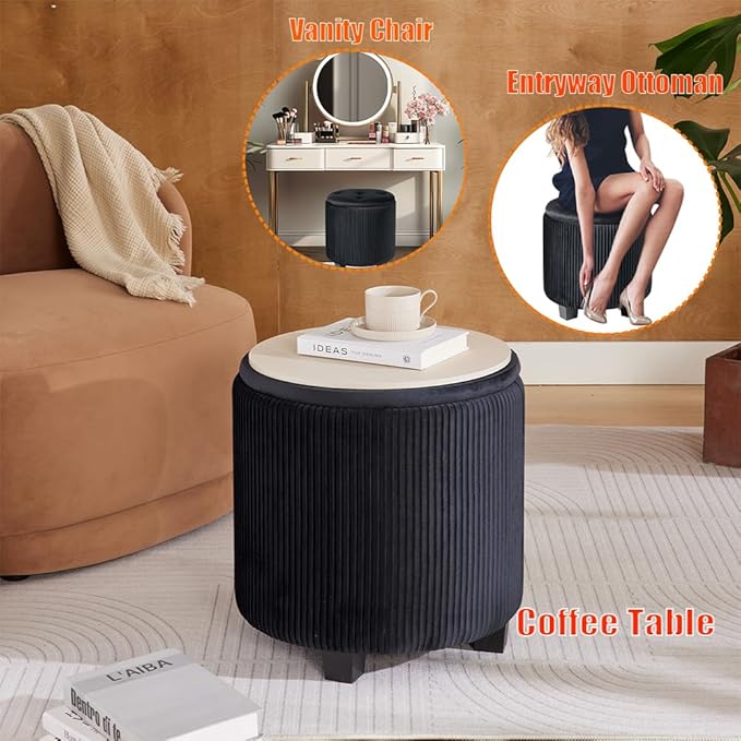 Big Round Ottoman with Storage Set of 2,Upholstered Velvet Vanity Stool for Makeup Multifunctional Foot Rest Coffee Table Padded Seat Tufted Ottomans for Living Room&Bedroom (Black)