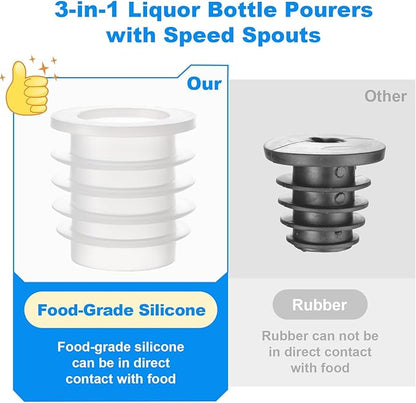 3-in-1 Liquor Bottle Pourers with Speed Spouts, Automatic Sealing Spout with Built-in Caps - Dishwasher Safe, Alcohol Speed Spouts - 2PCs with 2 Adapters (Glossy version)
