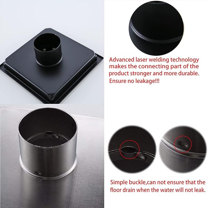 RANDOM Matte Black Square Shower Drain 6 Inch Drain Cover 304 Stainless Steel Floor Drain Grate with Removable Hair Strainer,6" Black Shower Drain