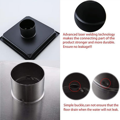 RANDOM Matte Black Square Shower Drain 6 Inch Drain Cover 304 Stainless Steel Floor Drain Grate with Removable Hair Strainer,6" Black Shower Drain
