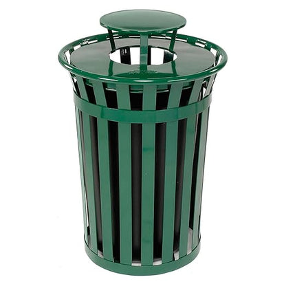 Global Industrial Heavy-Duty 36 Gallon Capacity Outdoor Metal Slatted Trash Receptacle with Rain Bonnet Lid & Plastic Liner, Green, Commercial & Industrial Trash Can