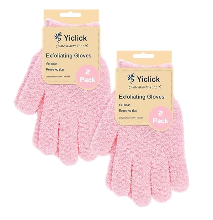 Yiclick Heavy Exfoliating Gloves, Exfoliating Body Scrubber for Bath Shower Exfoliation, Body Scrub Exfoliator for Dead Skin Remover, Exfoliate Sponge Loofah Washcloth Mitt Men Women (4Pink)