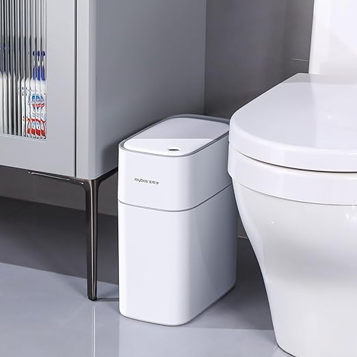 JOYBOS Small Bathroom Trash Cans with Lids,3.8 Gallon Slim White Plastic Automatic Garbage Can,Narrow Motion Sensor Waterproof Trash Bin for Bedroom, Toilet,Office