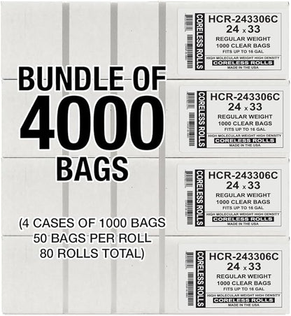 Aluf Plastics High Density Trash Bags, 16 Gallon, 4000 Count, 6 Micron (eq), 24" x 33", Clear, for Bathroom, Office, Industrial, Commercial, Janitorial, Municipal, Recycling