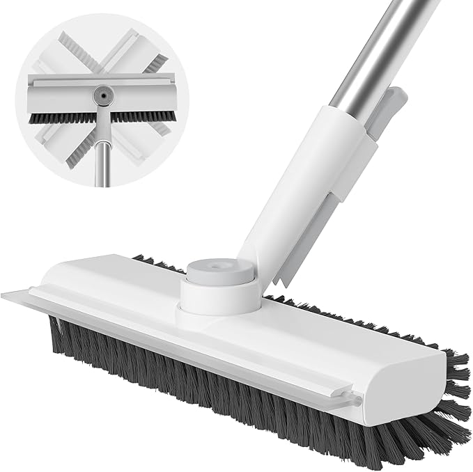 Floor Scrub Brush with Long Handle, 3 in 1 Scrape and Heavy-Duty Stiff Bristle Scrubber Brush for Cleaning Shower Bathroom, Patio, Garage, Kitchen, Wall and Deck (White, 1 Pack)