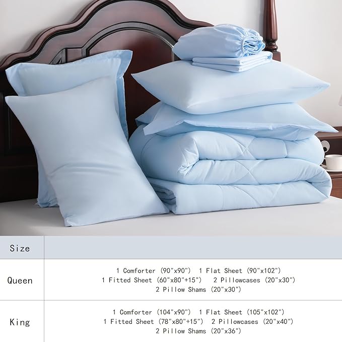 NTBAY King Comforter Set with Sheets, 7 Pieces Soft and Breathable King Bedding Set, Bed in a Bag, Down Alternative Comforter Set Solid Color All Season, King Bedding Set, Aqua