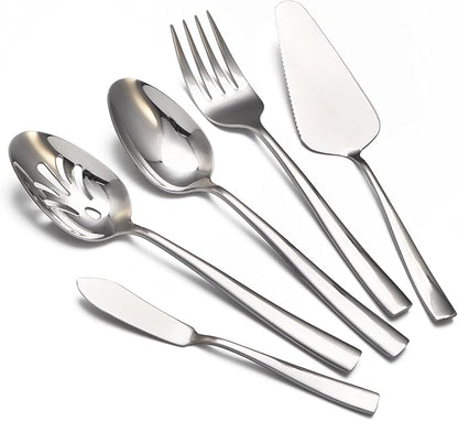 Large Hostess Serving Utensils Set, Stainless Steel Heavy Duty Serving spoons, Slotted Spoons, Serving Fork, Cake Server, Butter Knife, Dishwasher Safe (Silver)