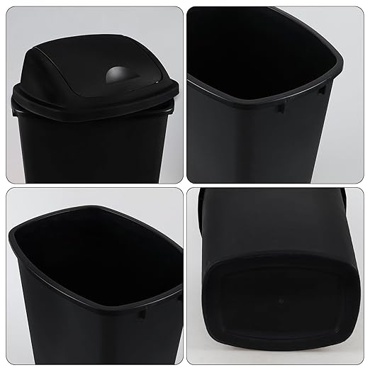 13 Gallon Swing Top Lid Garbage Cans, Large Plastic Kitchen Trash Can Set of 4, Black