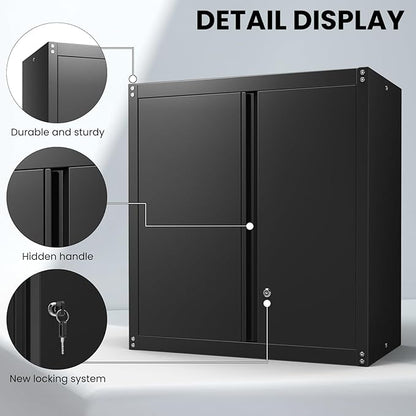 Steel Wall Cabinet, Metal Locking Wall Cabinet, Wall Hanging Metal Cabinet for Garage Tool Storage, Wall Mount Tool Cabinet for Garage, Laundry Room, Pantry, Black