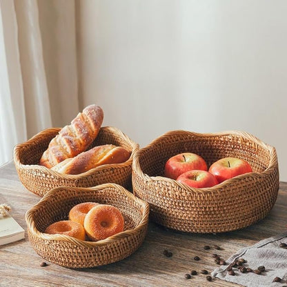 Rattan Bread Basket, Hand Woven Fruit Basket, Wicker Serving Basket Bowl, Decorative Baskets for Kitchen Counter Organizing, Set of 3 (Wave)