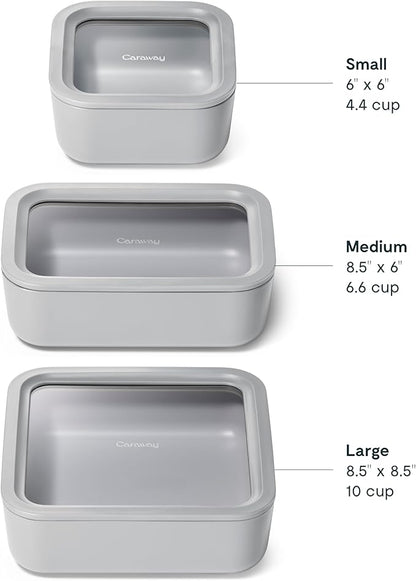 Caraway 3pc Glass Food Storage Set - 10, 6.6, & 4.4 Cup Containers - Ceramic Coated - Non-Toxic Non-Stick Lunch Box With Glass Lids - Dishwasher, Oven, & Microwave Safe - Gray