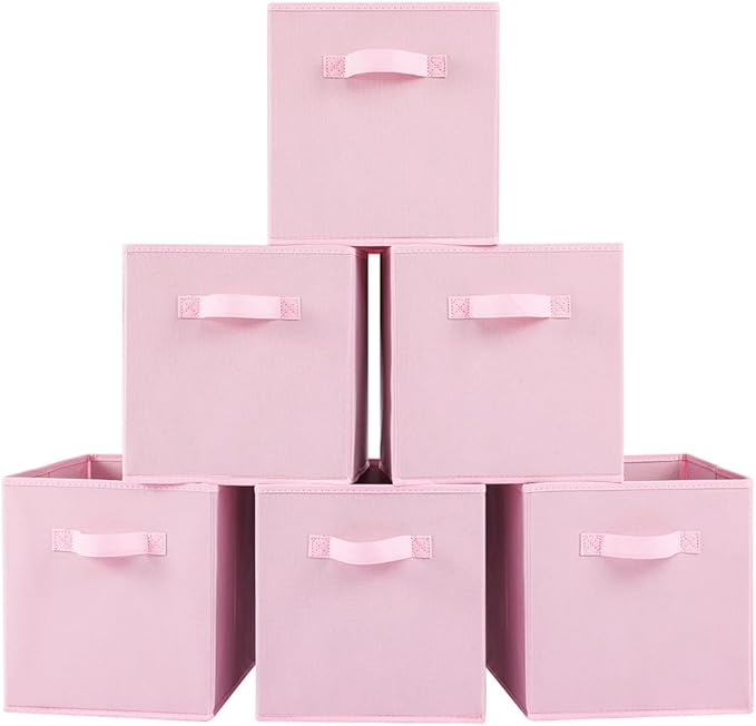 Stero Fabric Storage Bins 6 Pack Fun Colored Durable Storage Cubes with Handles Foldable Cube Baskets for Home, Kids Room, Closet and Toys Organization Pink