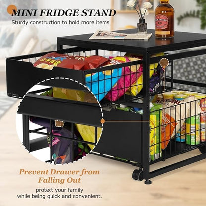 Mini Fridge Stand with Storage Drawer, 21.7”x21.7” Heavy Duty Mini Fridge Table with Wheels, Rolling Beverage Cart with Basket for Home, Office, Bedroom