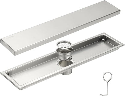uxcell Rectangular Shower Drain, Brushed 304 Stainless Steel Odor-Proof Floor Drain Linear Shower Drain Hair Catcher for Bathroom Kitchen and Laundry Room(16 Inch, Bright Silver)