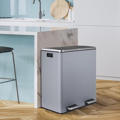 16 Gallon Rectangular Stainless Steel Trash Can, Dual Compartment Garbage Bin with Recycling Combo, Metal Dustbin Lid, Removable Liner, Indoor Hands Free Waste Bucket for Kitchen Home
