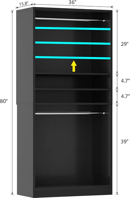 Unikito 3FT Freestanding Closet System with 2 Hanging Rods & Adjustable Shelve, 36'' Wood Closet Organizer System, Clothes Garment Rack, Sturdy Walk-in Closet Tower, Easy Assembly, Hold 800LBS, Black