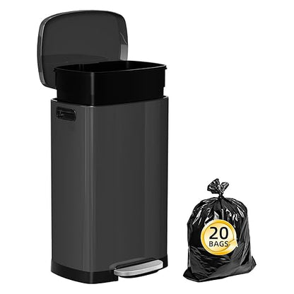 13 Gallon Trash Can with Lid, 50L Fingerprint Proof Stainless Steel Kitchen Trash Can with Removable Inner Bucket and Lid Soft Close, Pedal Rubbish Bin for Home Office, Titanium Black