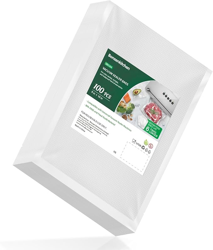 Bonsenkitchen Precut Vacuum Food Sealer Bags 100 Pint 6" x 10", BPA Free, Commercial Grade Textured Food Vacuum Sealer Bag, Thick Embossed Bags for Food Storage and Sous Vide Cooking VB3204
