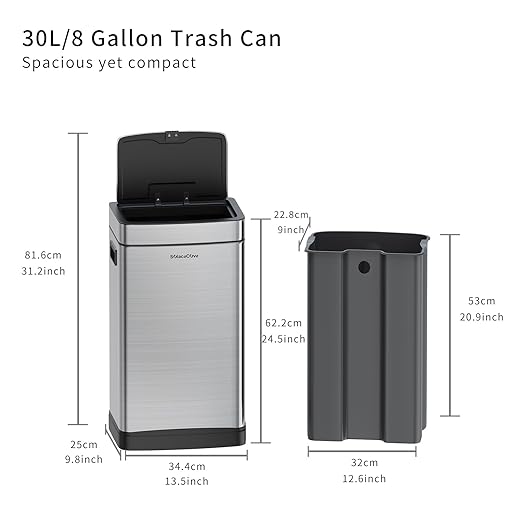 8 Gallon Stainless Steel Garbage Can with Removable Inner Bucket,30L Kitchen Trash Can with Press Top Lid(Brushed Gray)