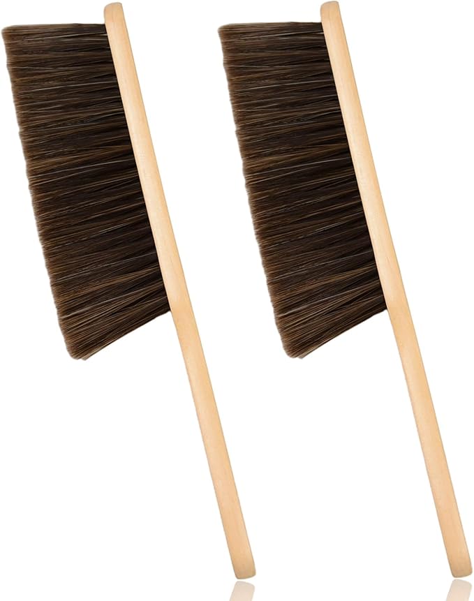 2 Pieces Woooden Dust Brush Hand Broom Bench Brush with Long Wood Handle Whisk Broom Soft Bristle Brush for Counter Bed Sofa Car Fireplace Clothes Household Cleaning(Brown)