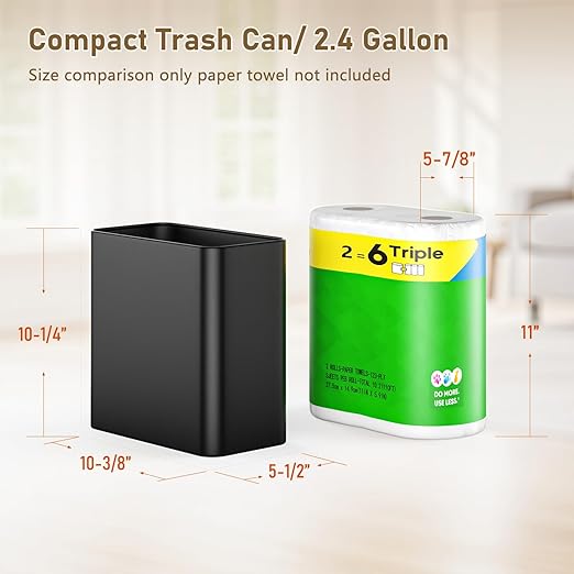 Small Bathroom Trash Can 2.4 Gallon Wastebasket, Slim Metal Garbage Can Matte Black Stainless Steel Trash Bin for Bedroom,Office,Kitchen,Toilet, rv, Near Desk, Under Sink