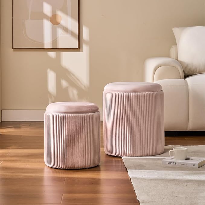 Round Set of 2 Ottoman with Storage-Upholstered Velvet Vanity Stool for Makeup Multifunctional Ottomans Coffee Table Padded Seat Foot Rest for Living Room&Bedroom (Pink)
