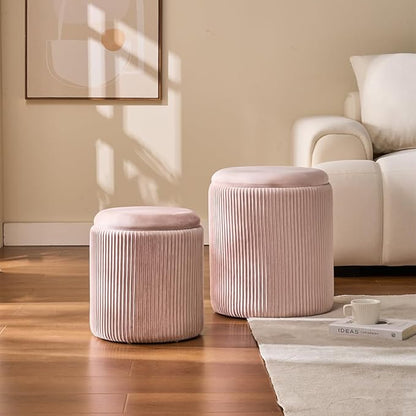 Round Set of 2 Ottoman with Storage-Upholstered Velvet Vanity Stool for Makeup Multifunctional Ottomans Coffee Table Padded Seat Foot Rest for Living Room&Bedroom (Pink)