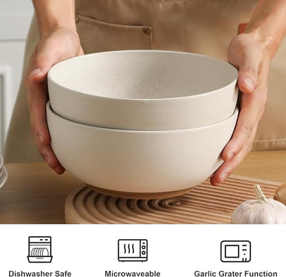 Ceramic Large Salad Bowls with Garlic Grater Function. White 60 OZ Salad Serving Bowl. Deep Bowl fit for Soup, Cereal, Ramen, Pasta, Salad.