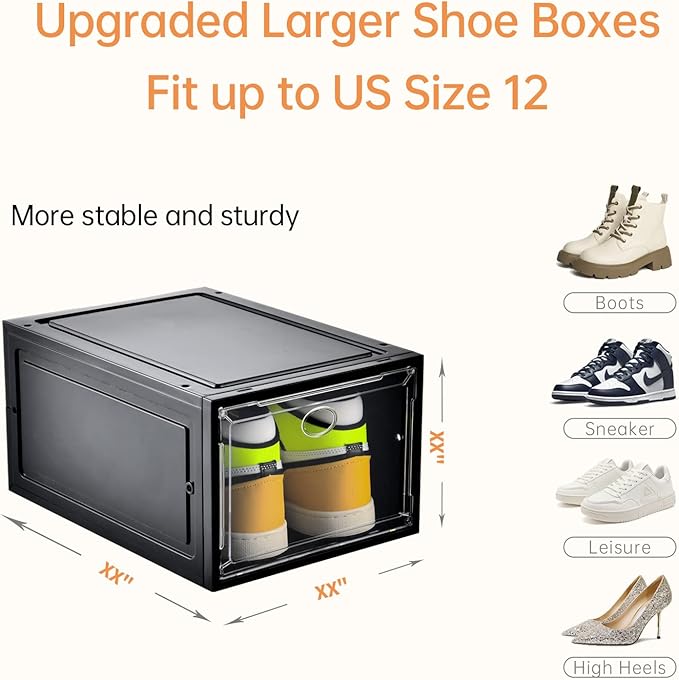 12 Pack Shoe Boxes Stackable,Upgraded Sturdy Shoe Storage Boxes with Clear Magnetic Door,Multifunctional Sneaker Storage, Shoe Box Organizer Fit up to US Size 12 Gray(13.8”x 9.84”x 7.1”)