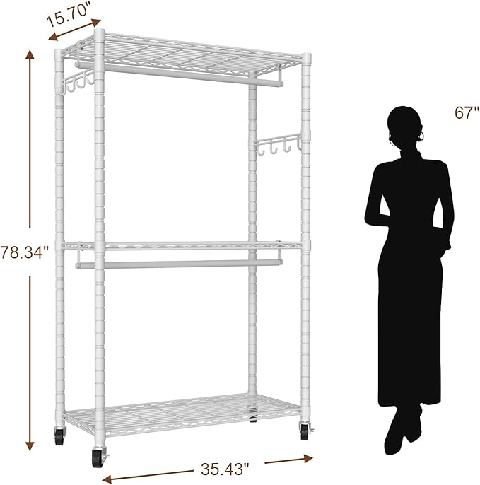 Clothes Rack, Clothing Rack for Hanging Clothes, 3 Tiers Adjustable Heavy Duty Closet Organizer with Wheels | Double Rods | Side Hooks | Load 445lbs | 35.43" L x 15.7" W x 78.34" H | White