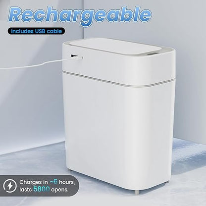 Bathroom Trash Can with Lid: 2.3 Gal Small Slim Motion Sensor Wastebasket, Bag Expansion, Wall Mounted, Automatic, Touchless, Narrow Design for Bathroom, Kitchen and Office, Waterproof