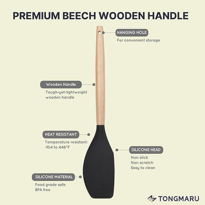 Silicone Cooking Utensils Set, Premium Beech Wood Handle Kitchen Gadgets Utensil Set, Non-Stick Kitchen Utensils Spatula, Tongs, Turner, Whisk, Brush, Spoon, BPA FREE, 446°F Resistant (Black)