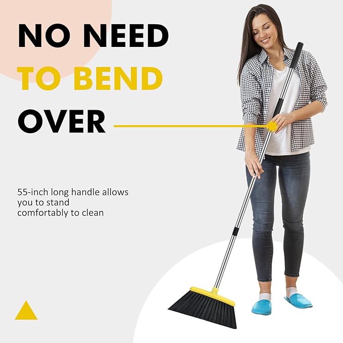 Heavy Duty Broom, 55 Inch Long Handle Outdoor Large Angle Brooms, Commercial Broom for Sweeping Indoor, for Home Garage Kitchen Office Courtyard Lobby Patio Lawn Concrete, Yellow