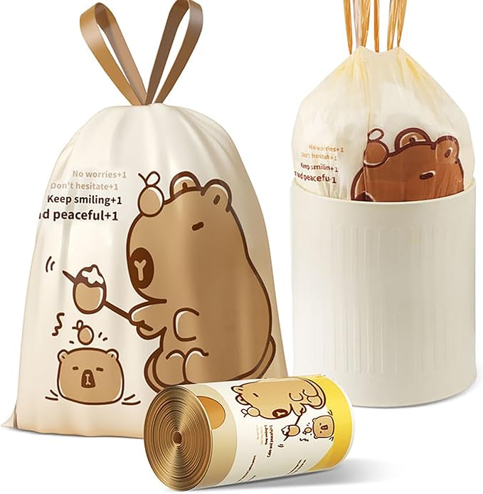 VOK 8 Gallon Trash Bags with Capybara Printed, Drawstring Medium Garbage Bags, Tear-Resistant & Leak-Proof Kitchen/Office Trash Can Liners, Trash Bags 8 Gallon with Secure Tie, 50 Counts