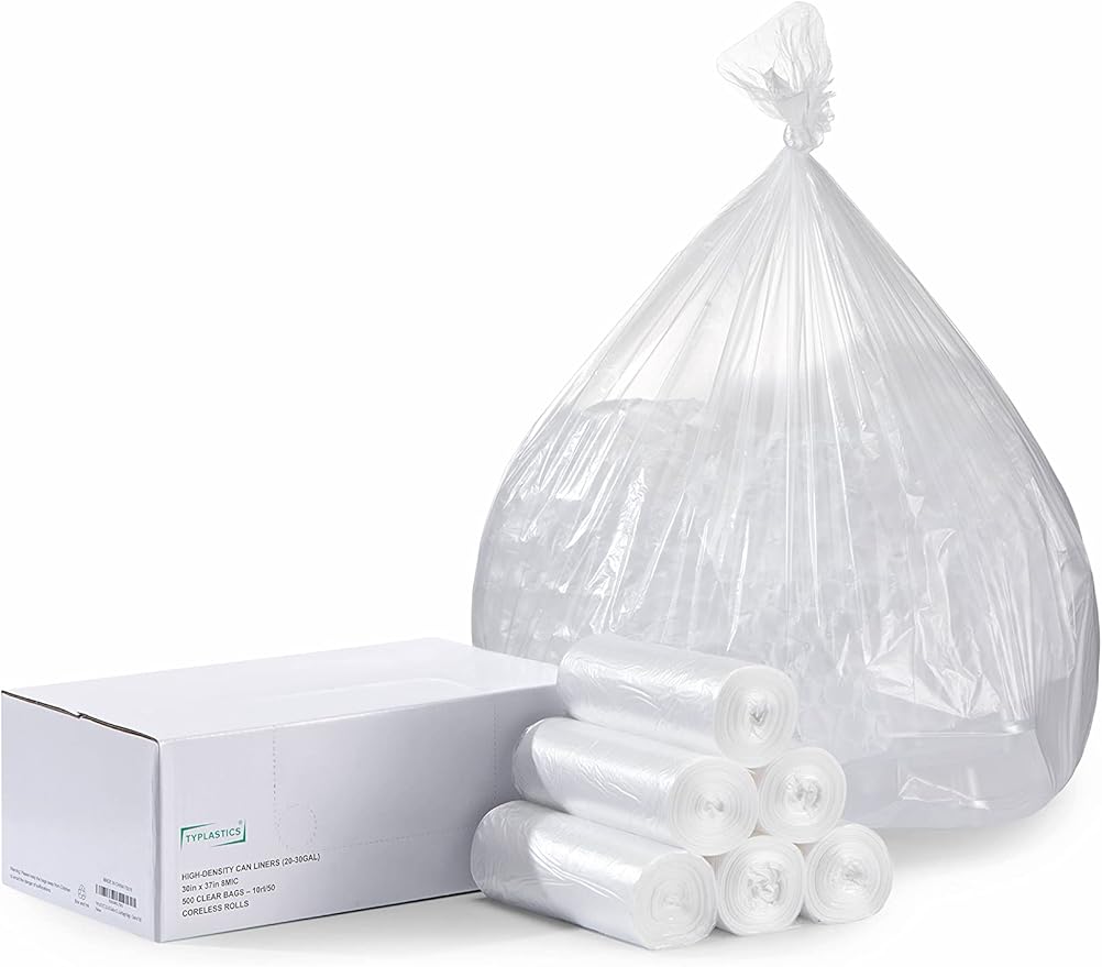 TYPLASTICS 20-30 Gallon Clear Trash Can Liners - 30" x 37" - High Density Garbage Bags - Case of 500 - Multipurpose for Office, Outdoor, Recycling, Industrial and Commercial