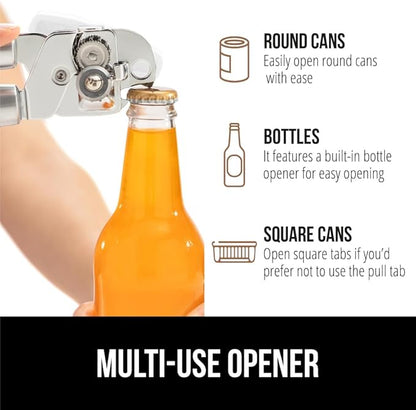 GORILLA GRIP Heavy Duty Stainless Steel Smooth Edge Manual Can Opener and Bottle Openers, Soft Comfortable Handle, Oversized Handheld Turn Knob, US Designed Multifunctional Kitchen Tool, White