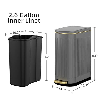 KUK Slim Bathroom Trash Can with Lid, 2.6 Gallon (10 L) Stainless Steel Step Small Garbage Can with Removable Inner Bucket, Soft Close, Anti-Fingerprint Finish (Gray)