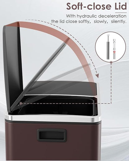 Arlopu 16 GallonStainless Steel Trash Can, 60L Dual Compartment, Metal Kitchen Step Recycle Bin, Metal Double Dustbin, in-Home Garbage Rubbish Can W/Removable Liner Buckets (Brown)