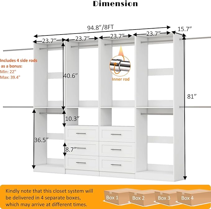 Closet System with 4 Sets, 8FT Closet Organizer Systems with 6 Wooden Drawers & 10 Hanging Rods, Walk in Closet Standalone Corner Closet System Modular Closet System Set White (8FT)