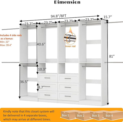 Closet System with 4 Sets, 8FT Closet Organizer Systems with 6 Wooden Drawers & 10 Hanging Rods, Walk in Closet Standalone Corner Closet System Modular Closet System Set White (8FT)