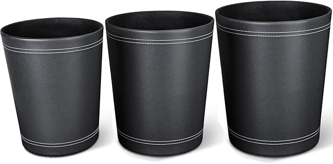 KINGFOM 3 Pack PU Leather Small Office Trash Can Wastebasket, Round Garbage Container Bin for Bathrooms, Powder Rooms, Kitchens, Home, Bedroom, High-Class Hotel, Black