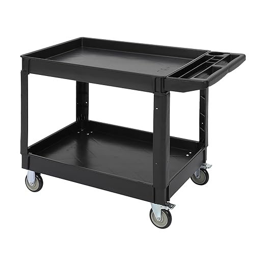 Utility Service Cart 2-Shelf 500 Lbs Capacity, Heavy Duty Rolling Cart with Two Trays and Brake Wheel for Warehouse, Garage, Cleaning, Manufacturing, Storage Handle, 45"X25" Black