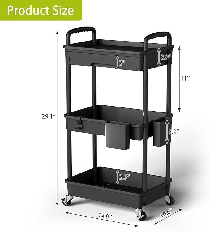3 Tier Rolling Cart Organizer,Laundry Room Bathroom Organizers and Storage Office Shelves Mobile Shelving Unit Kitchen Trolley Cart with Wheels for Art,Craft,Diaper,Bedside,Snack(Black)