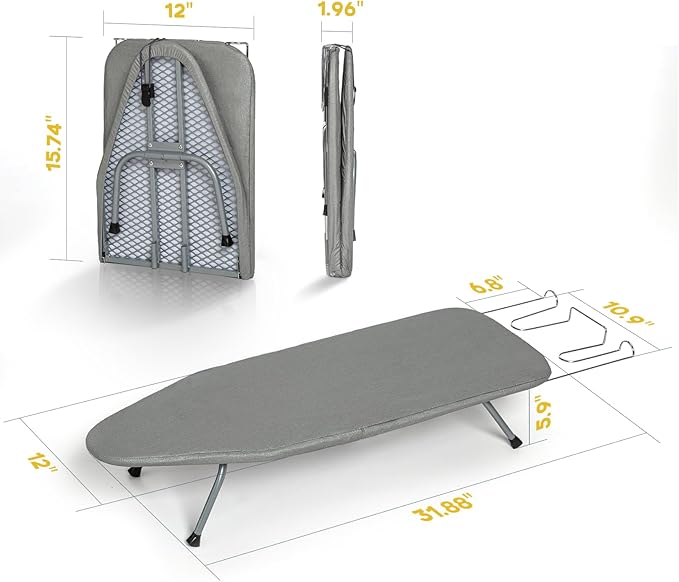Metal Foldable Tabletop Ironing Board with Iron Rest, Portable Ironing Board Small with Heat Resistant Cotton Cover, RAINHOL Mini Iron Board for Small Space and Travel, 31"x12", Gray